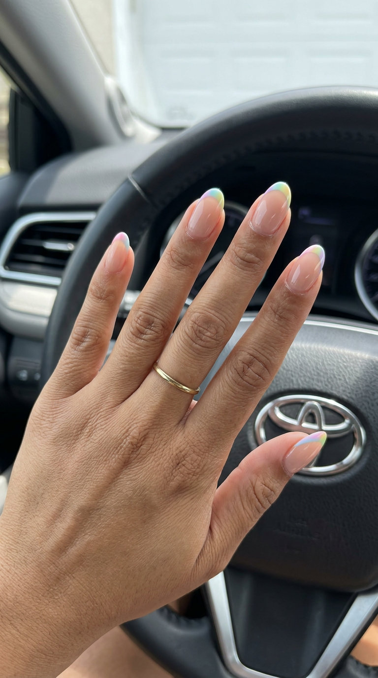 Pastel Rainbow French Nails 2026: Festival & Casual Pastel Rainbow Micro French: trending summer nails 2026 for festivals, spring events, and casual weekends. Playful pastel tips on nude base.
