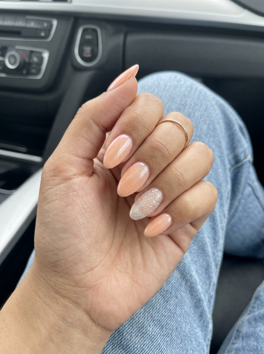 Sparkling Peach Ombre Glitter Nails 2026: Romantic Summer Sparkling peach ombre nails with glitter accent for trending summer nails 2026. Glamorous, romantic style for weddings.