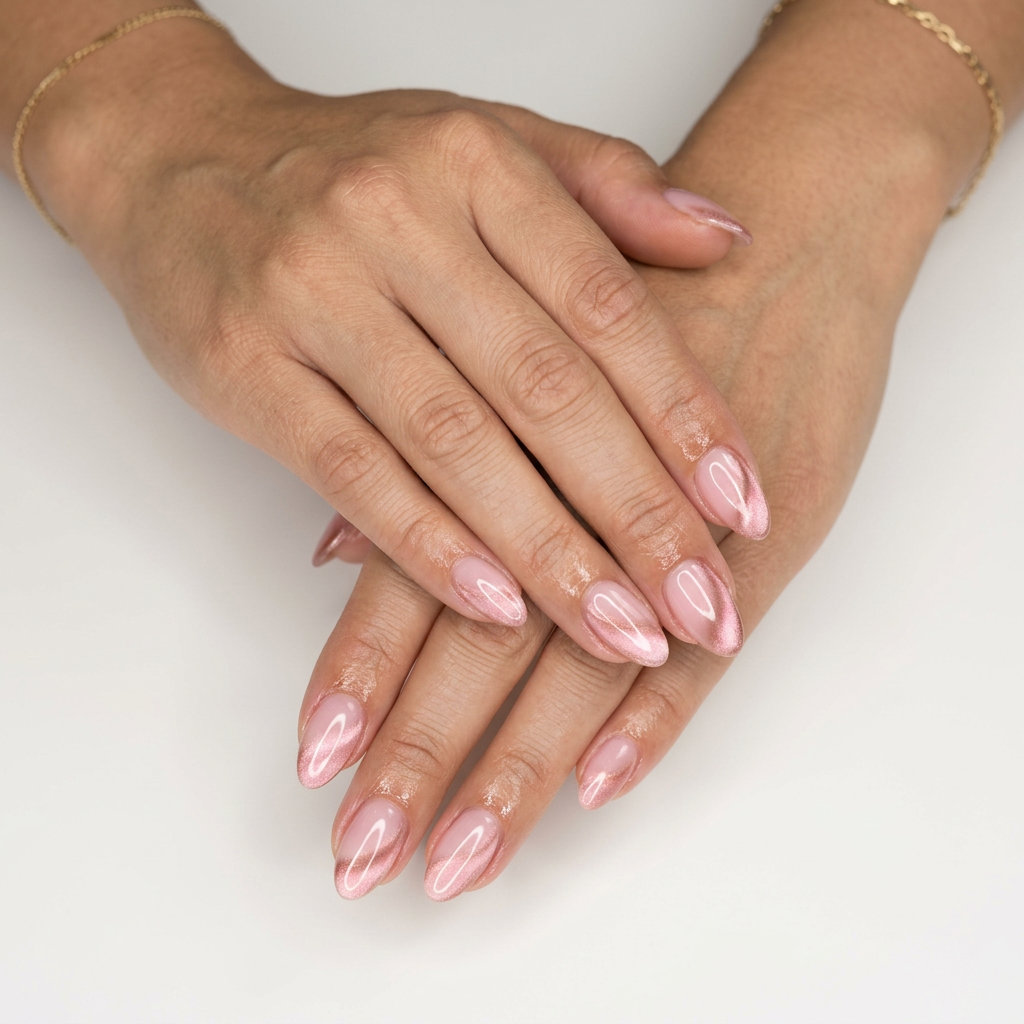 Sheer Pink Cat-Eye Swirl Nails 2026: Sultry Summer Sheer pink cat-eye swirl nails for trending summer nails 2026. Sultry, romantic style for date nights and evenings out.