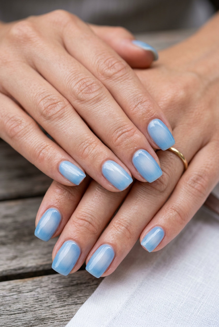 Sky Blue Aura Nails 2026: Vacation & Festival Sky Blue Aura Gradient: trending summer nails 2026 for vacations, festivals, and daytime events. Dreamy blue with diffused white/pink center.