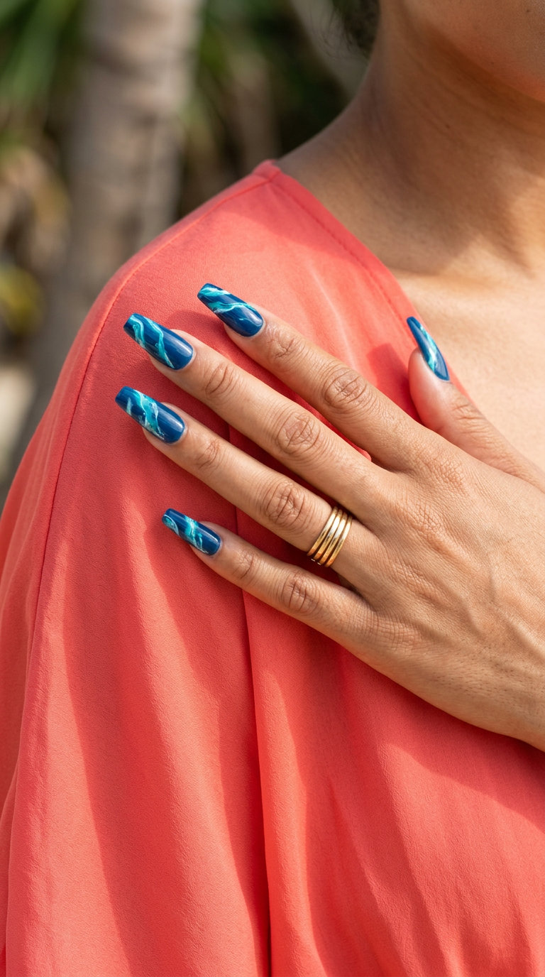 Aqua marble coffin elegance nails for a formal event. Tropical nail designs 2026.