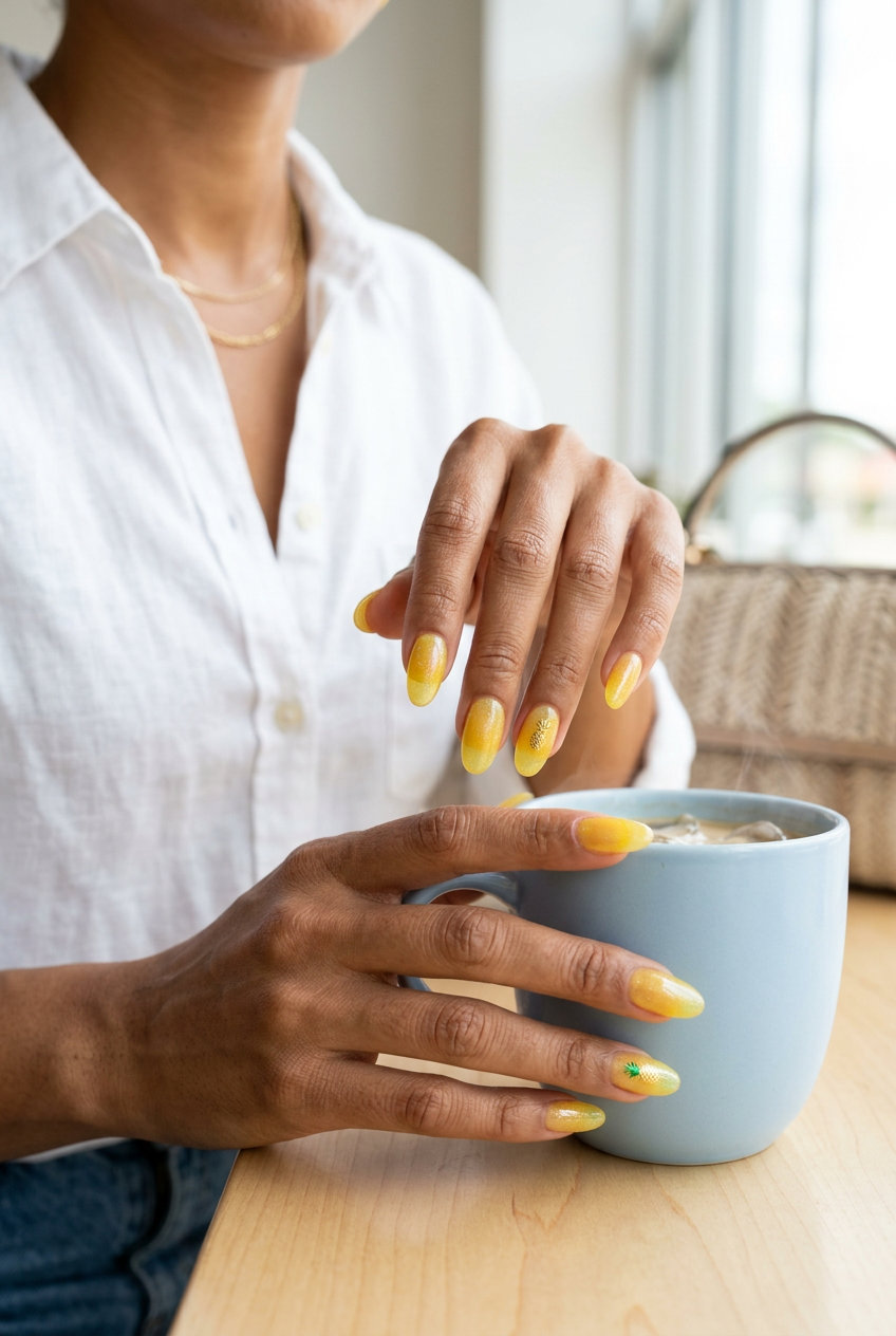 Glowy pineapple jelly sparkle nails for a vacation. Tropical nail designs 2026.