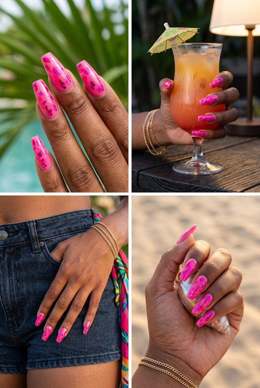 Edgy hot pink nails with textured metallic foil flakes for festivals and parties. Tropical nail designs 2026.