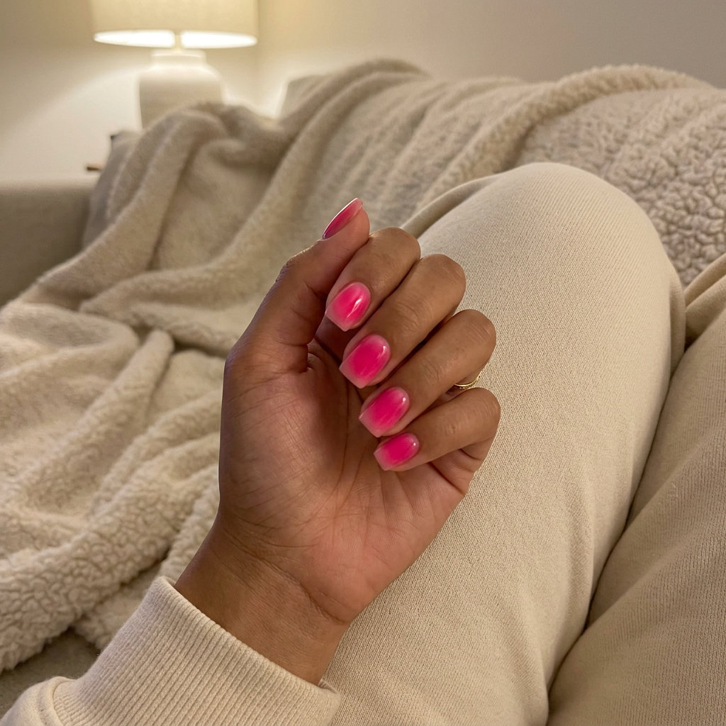 Hot pink jelly aura square nails for a vibrant summer day out. Tropical nail designs 2026.