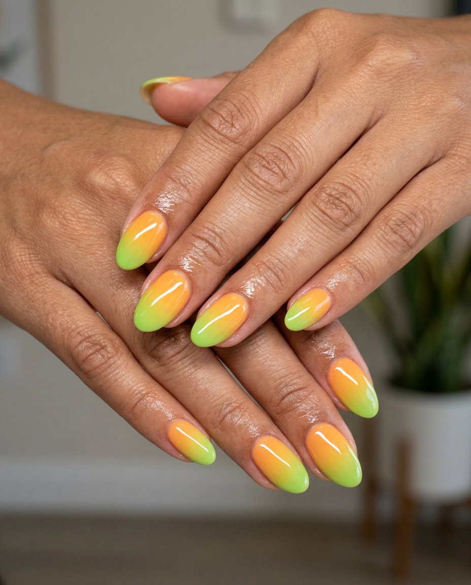 Playful mango orange and lime green ombre oval nails for vacations and summer parties. Tropical nail designs 2026.
