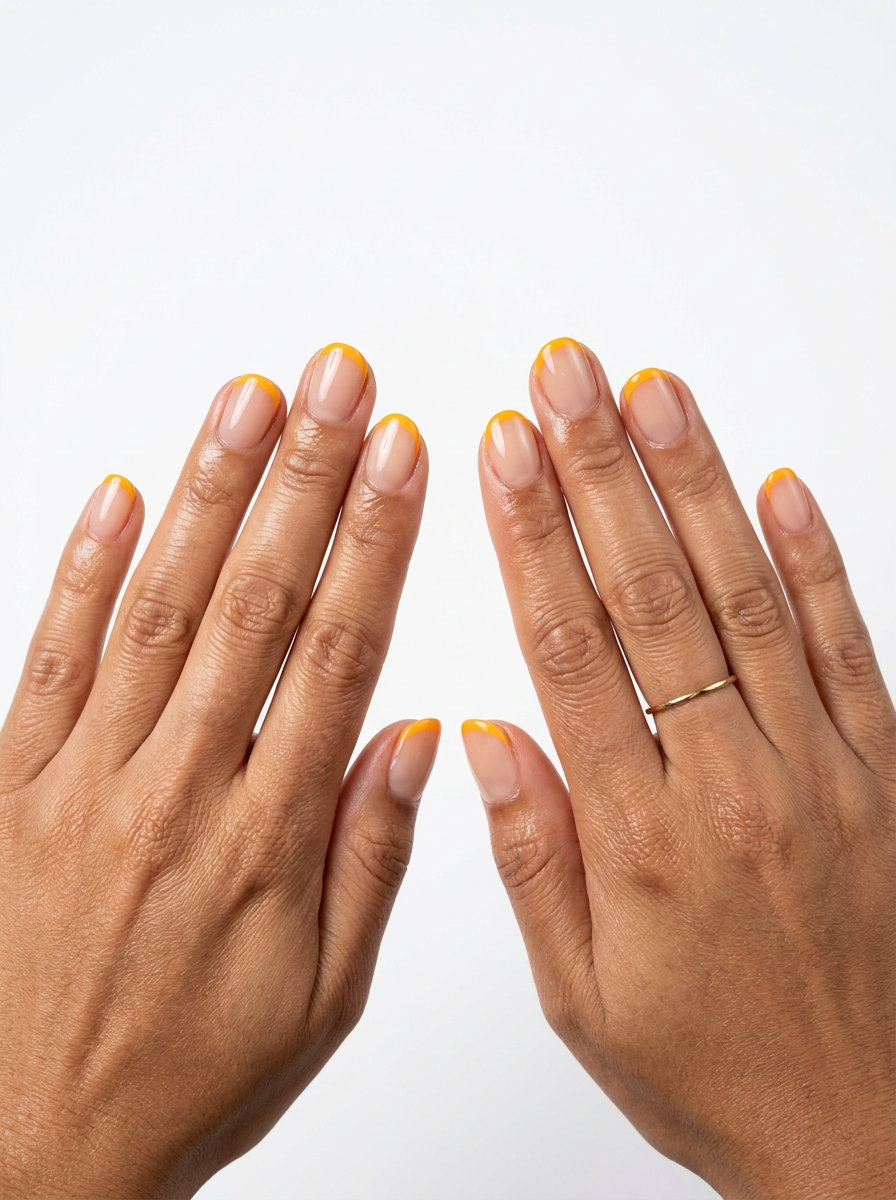 Clean and sunny soft nude nails with bright mango orange micro French tips for daily wear. Tropical nail designs 2026.