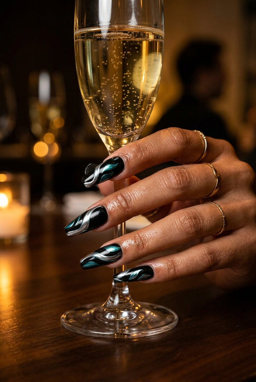 Edgy metallic silver and teal abstract wave and leaf coffin nails for nights out and parties. Tropical nail designs 2026.