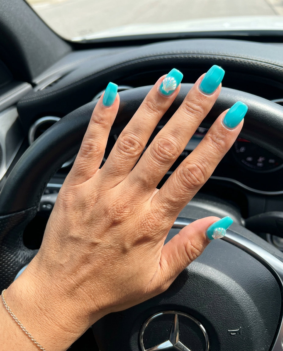 Turquoise seashell charm flare nails for a beachy vibe. Tropical nail designs 2026.