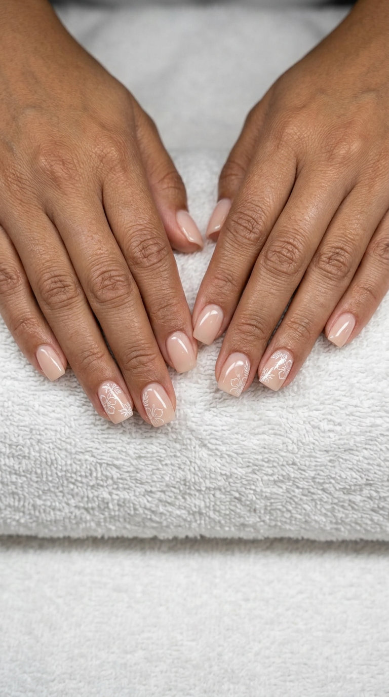 Elegant sheer nude squoval nails with white tropical floral decals for daily wear or bridal events. Tropical nail designs 2026.