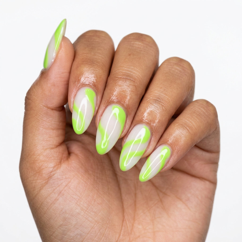 Zesty abstract lime swirls on almond nails for a creative event. Tropical nail designs 2026.