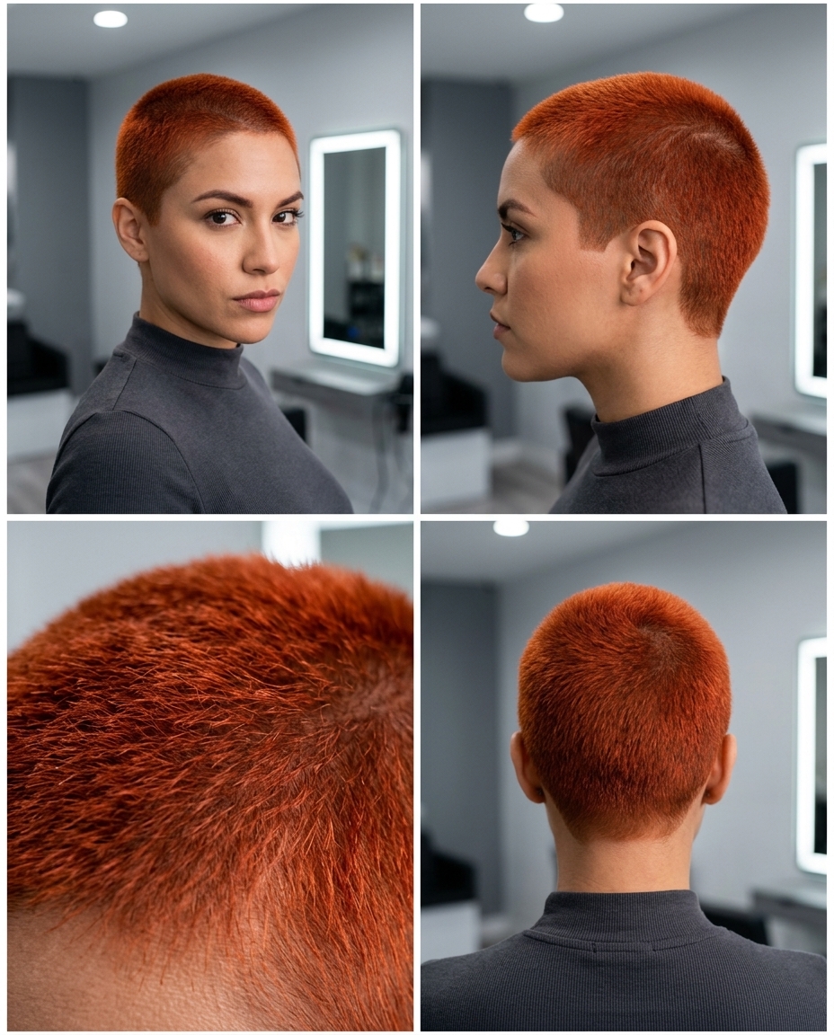 very short Venetian red buzz cut with uniform clipper length and no fringe for bold summer looks