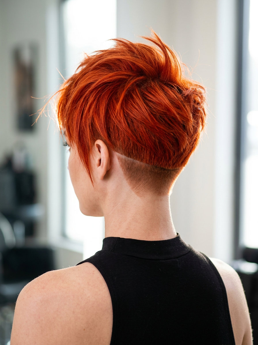 very short undercut with long textured top in Venetian red, razored layers, no bangs — edgy and bold