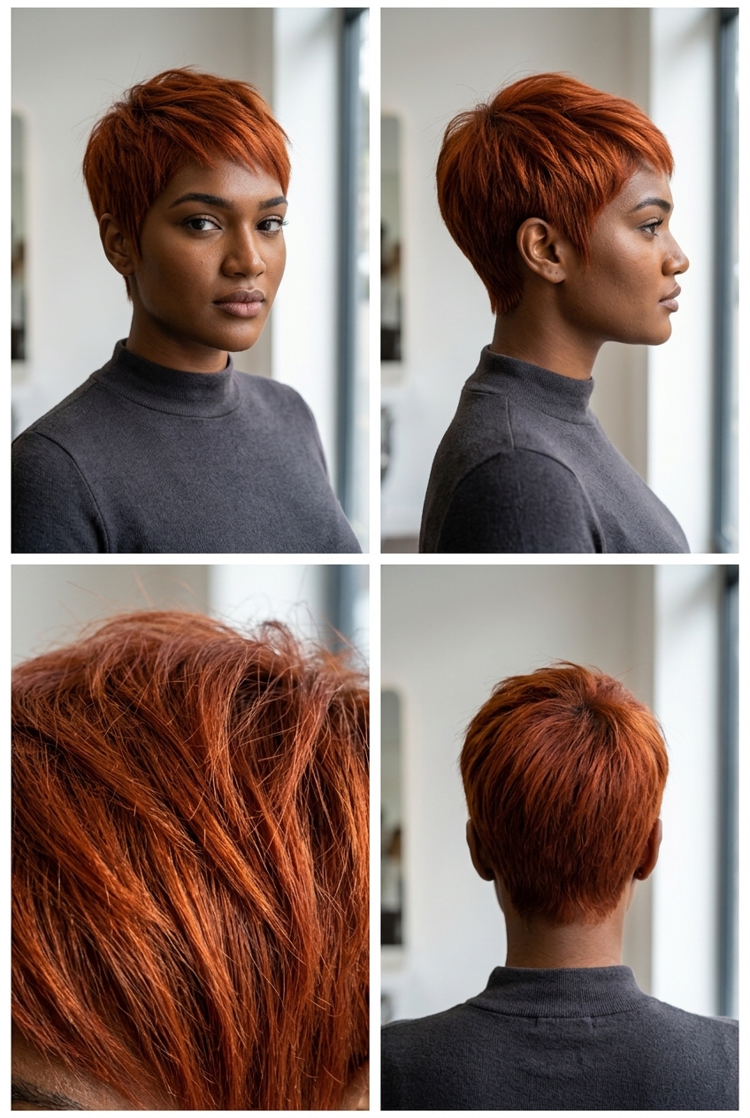 very short vibrant auburn pixie with electric copper, uniform saturation, textured piecey — edgy