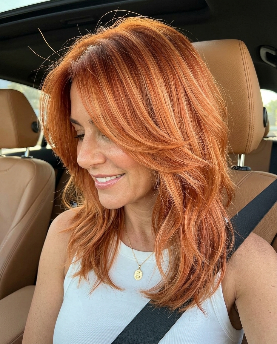 medium-length shag haircut with vibrant copper hair and apricot balayage, curtain bangs — playful bohemian style