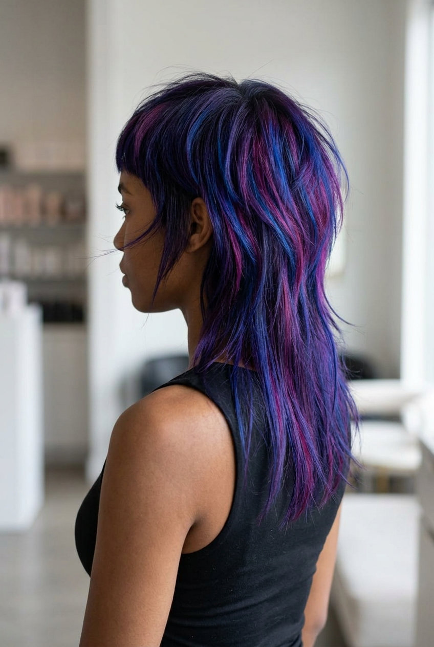 textured mullet haircut with midnight violet, blue, and fuchsia accents for summer 2026