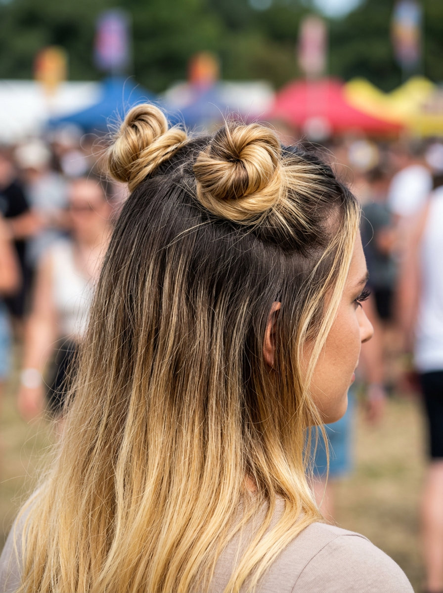 long updo with deep violet to pastel pink ombré, blunt cut for sharp lines — playful festival buns