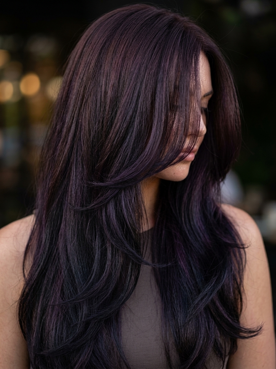 long violet midnight cascade with deep plum-brown violet undertones, face-framing layers, U-cut back — sultry and romantic