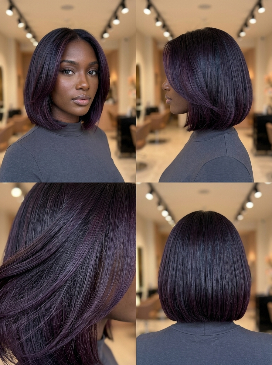 short violet noir bob with deep plum-brown violet undertones, sleek blunt perimeter, deep side part — bold and sultry