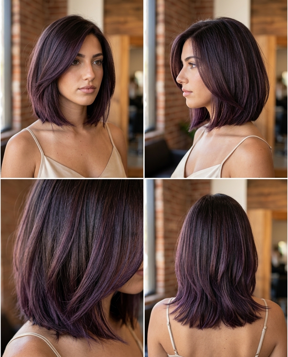 short violet midnight melt bob with deep violet plum tones, point-cut ends, deep side part — bold and moody