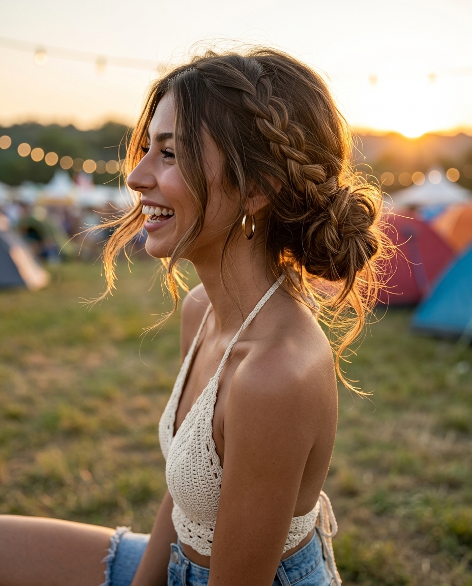 long warm brown braided bun with caramel balayage and deconstructed layers for festival