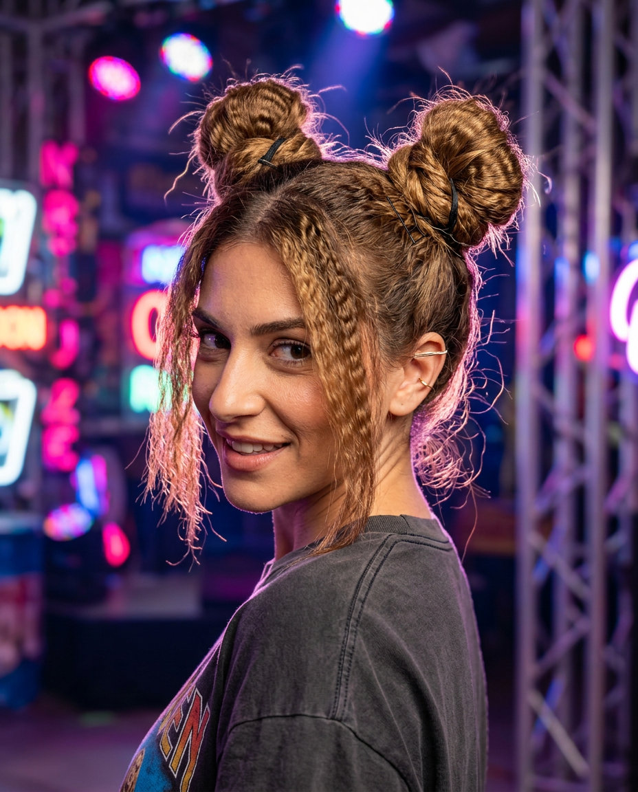 medium warm brown space buns with crimped texture and subtle golden undertones for festival
