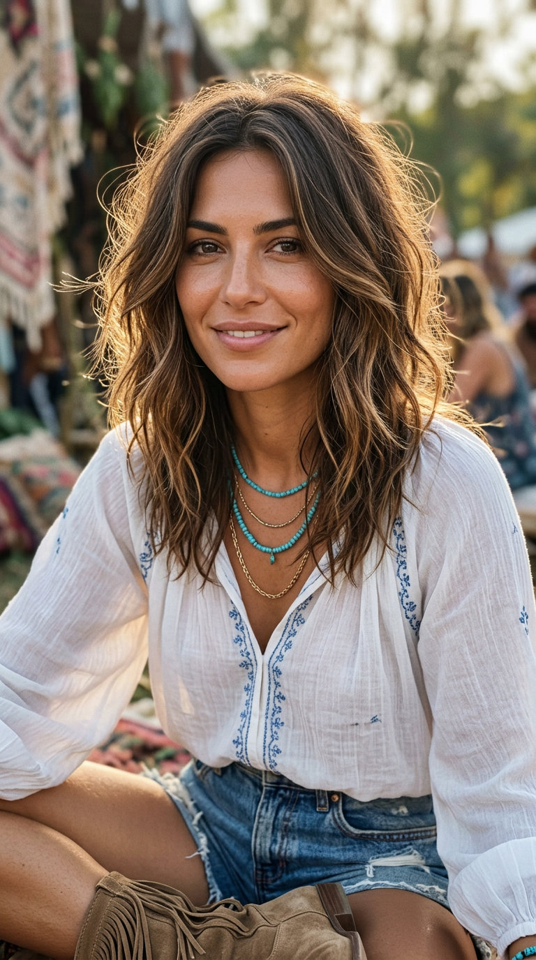 long warm brunette layered waves with desert dust texture for festival 2026