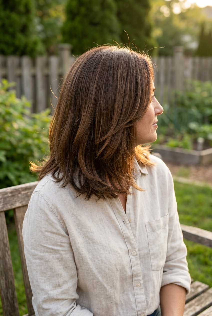 shoulder-length warm brunette with caramel lowlights, sweeping face-framing layers — effortless & natural