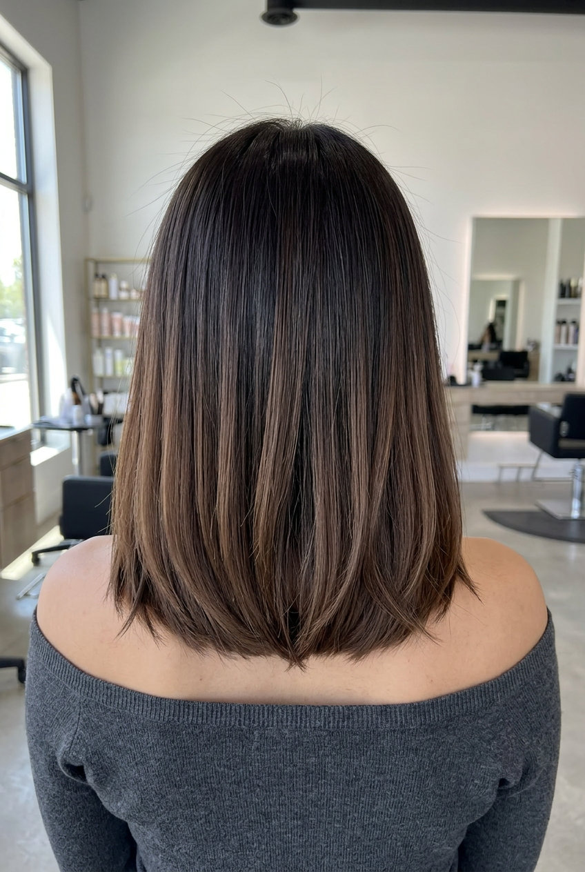 shoulder-length blunt lob haircut with warm chocolate ombre, deep side part — sophisticated professional style