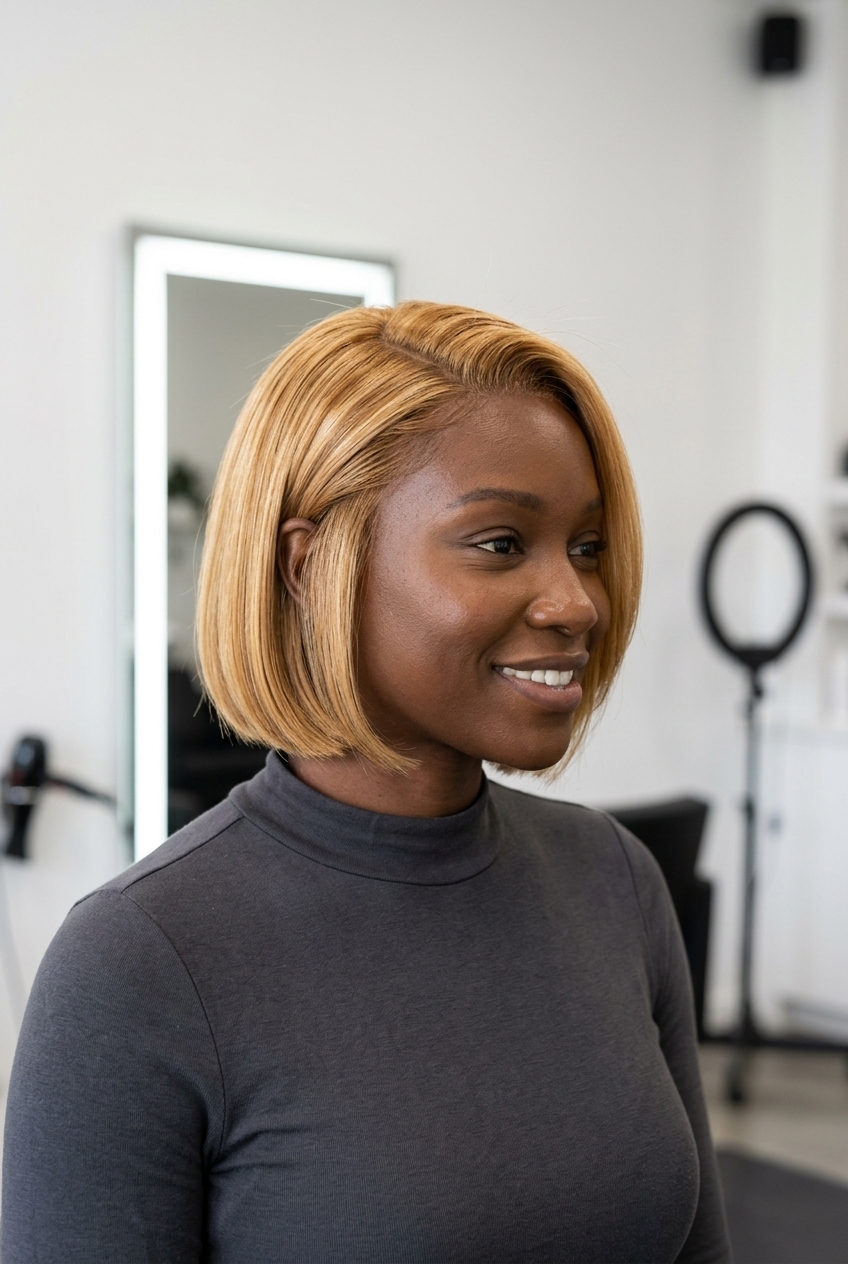 short hydro-bob haircut in warm golden blonde with honey lowlights, deep side part — soft radiant professional