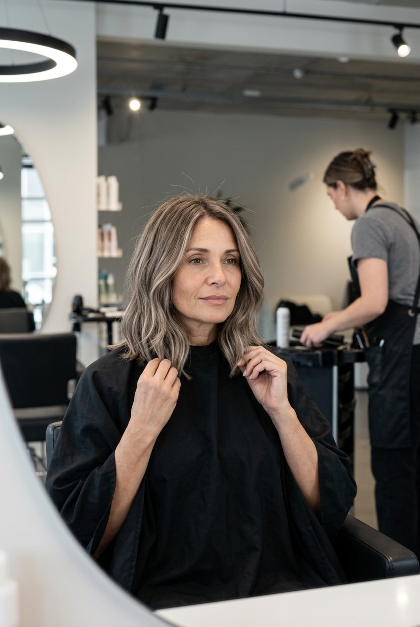 shoulder-grazing bob haircut with wavy mushroom bronde hair and ash brown base, face-framing pieces — chic relaxed look