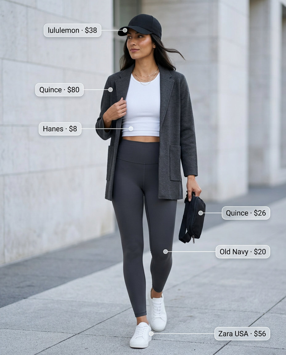 What to Wear with Blazer in Summer 2026: Elevated athleisure with oversized grey blazer, black leggings, and sneakers.