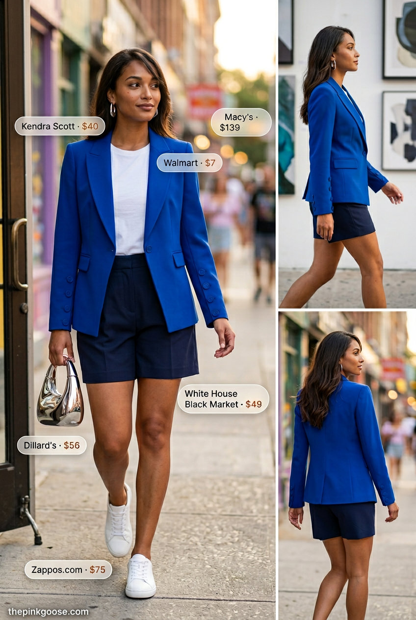 Cobalt blue blazer and shorts outfit for summer 2026. Bold, confident look for office or lunch.