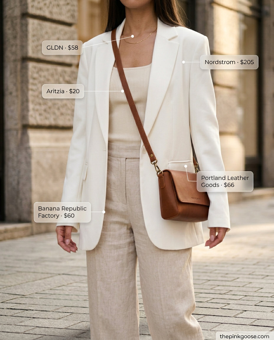 White linen blazer outfit for summer 2026. Chic city explorer look with wide-leg trousers.