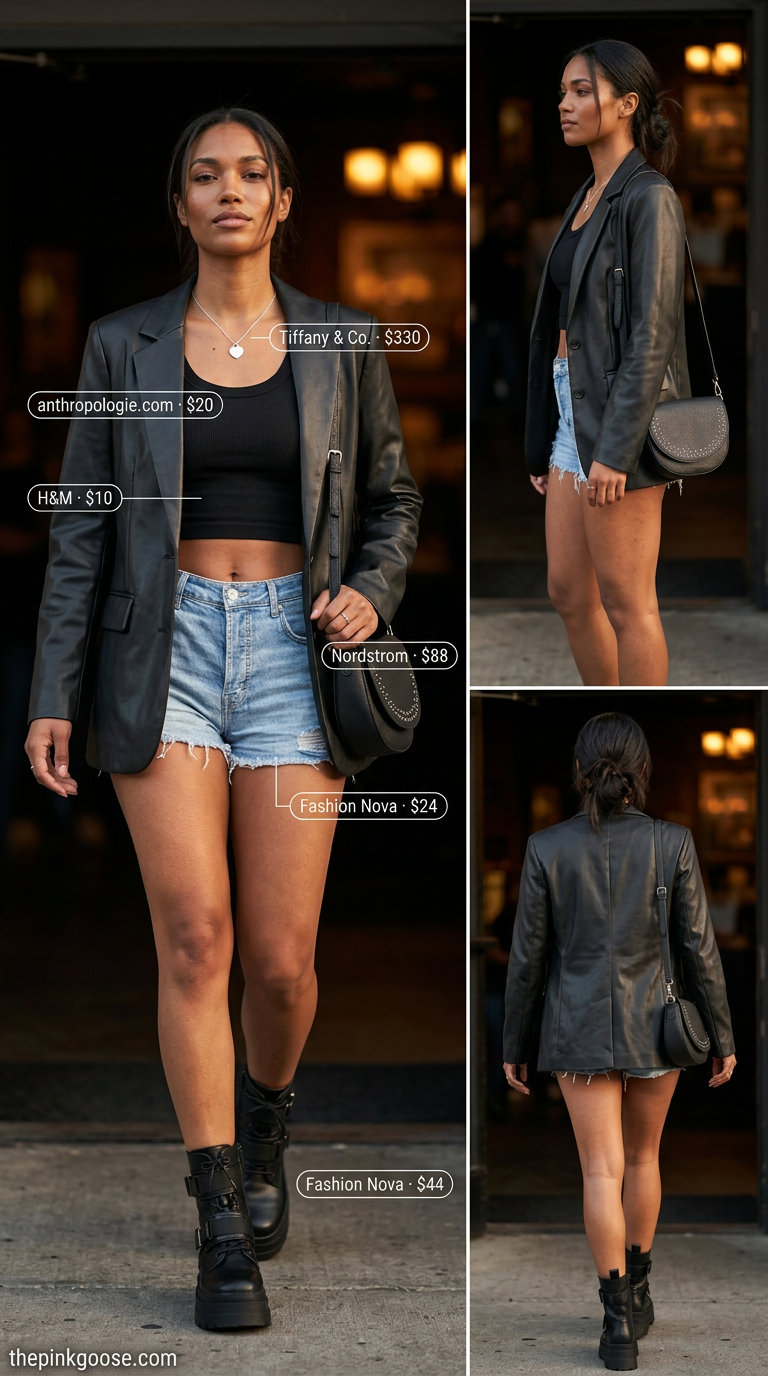 What to Wear with Blazer in Summer 2026: Edgy black blazer, denim shorts & tank for night out.