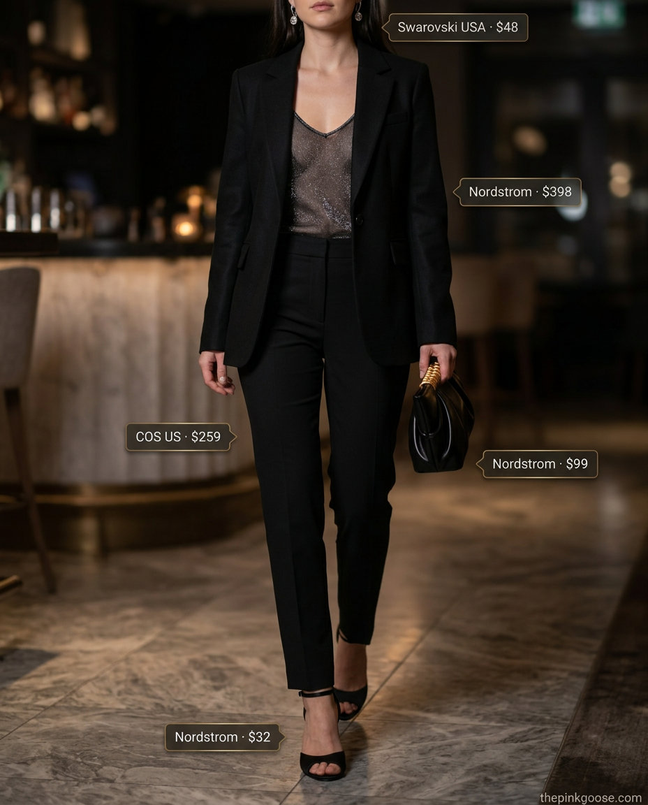 What to Wear with Blazer in Summer 2026: Black blazer, metallic cami & trousers for evening chic.