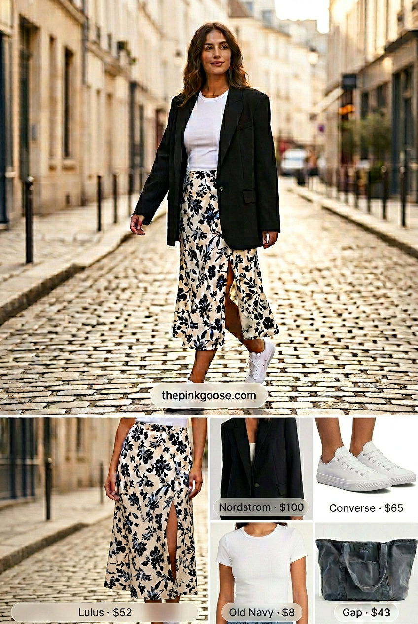 What to Wear with Blazer in Summer 2026: Casual midi skirt and tee with denim jacket and white sneakers.