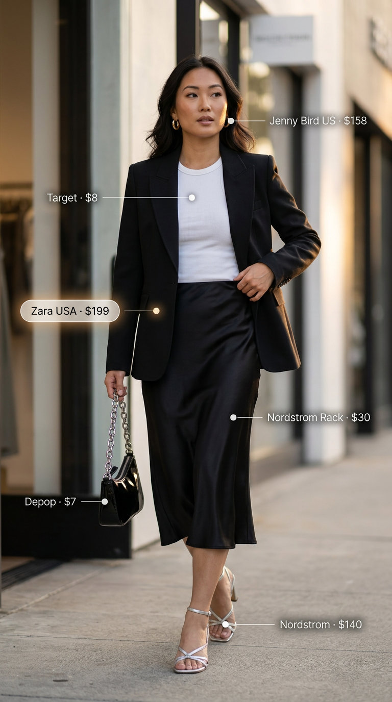 What to Wear with Blazer in Summer 2026: Modern minimalist black blazer with satin slip skirt and silver heels.