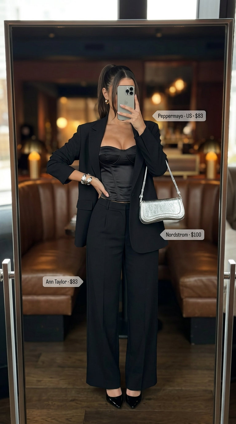 Monochrome black wide-leg pants outfit for summer 2026. Edgy night out look with corset top.