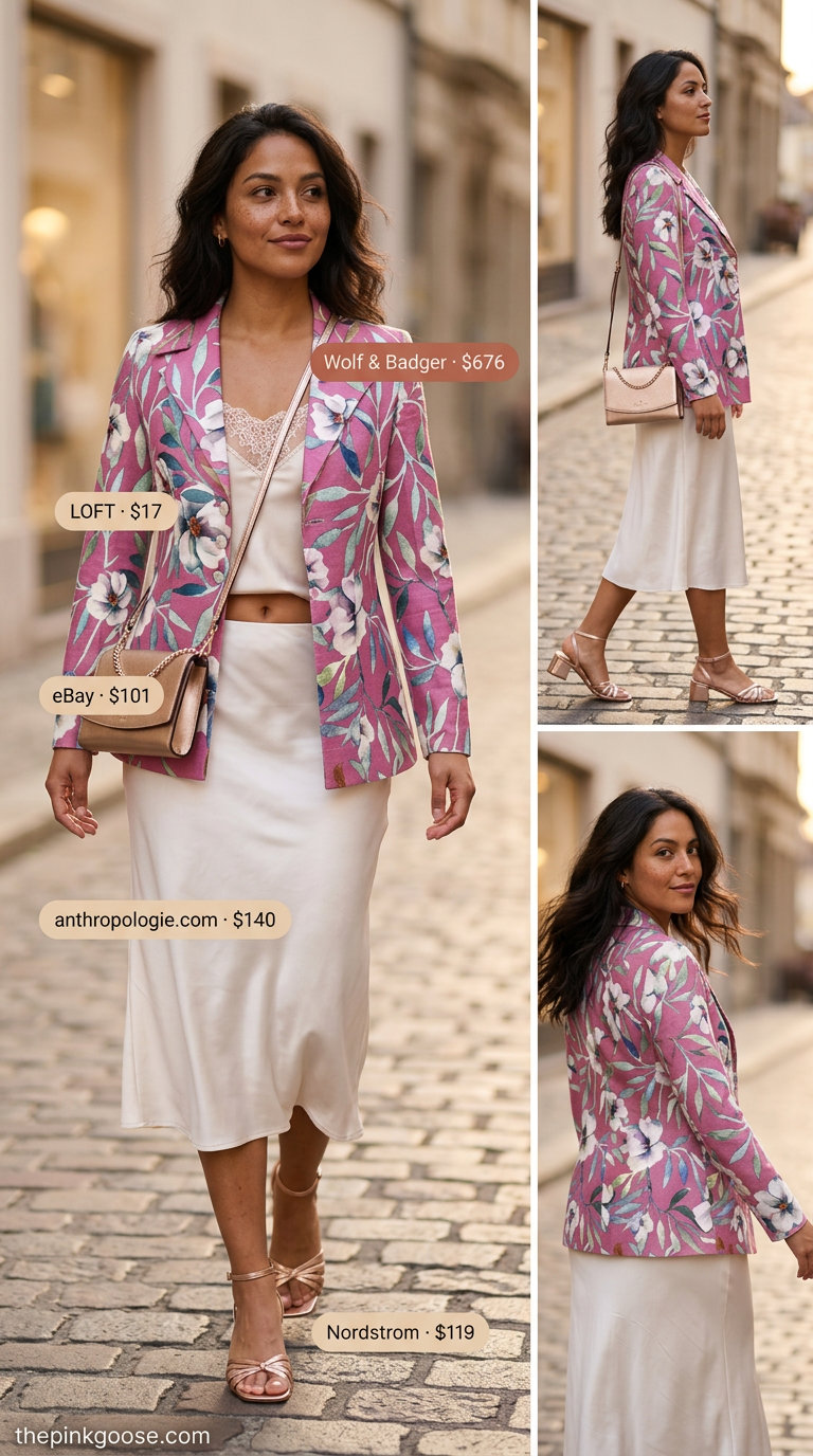 Blush pink floral blazer outfit for summer 2026 date night. Elegant midi skirt, rose gold accessories.