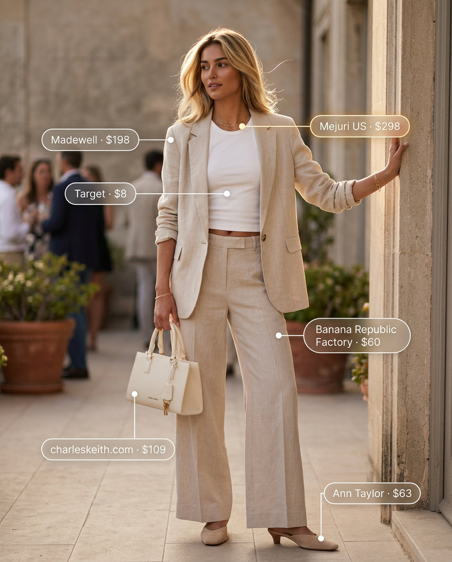 What to Wear with Blazer in Summer 2026: Monochromatic cream linen suit with ivory top and heeled mules.