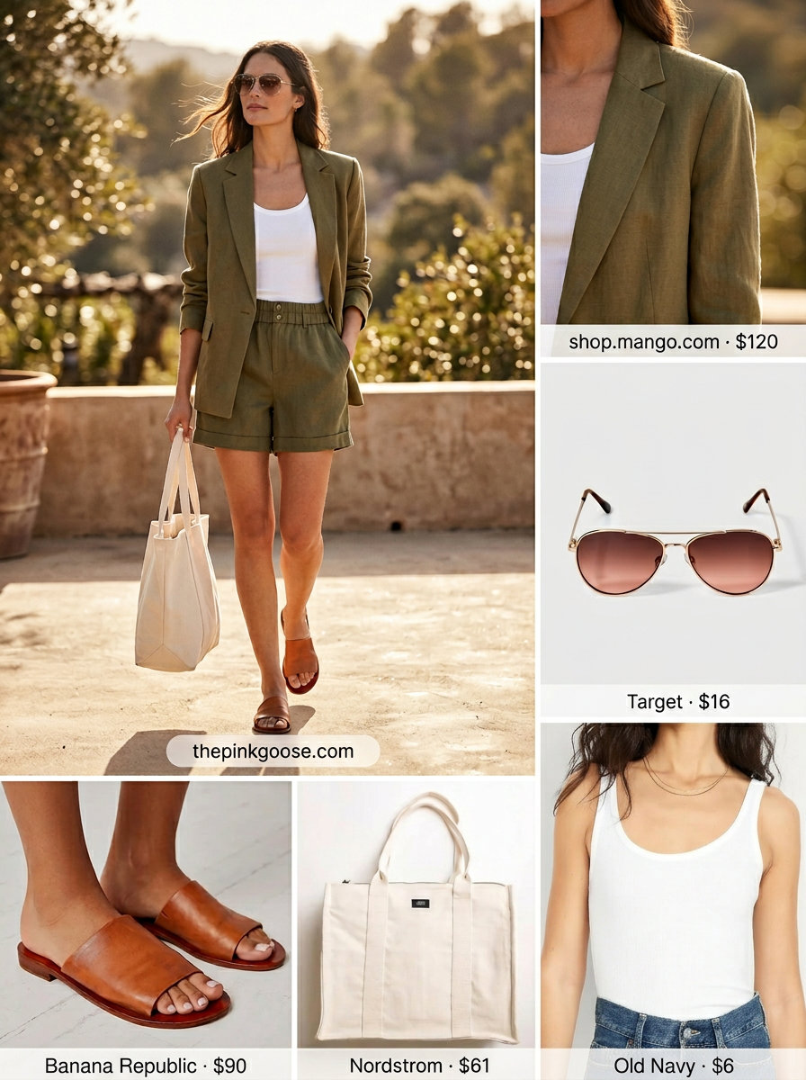 What to Wear with Blazer in Summer 2026: Olive linen blazer & shorts set for casual weekend.