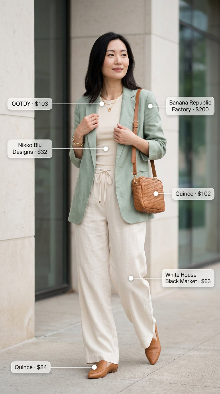 What to Wear with Blazer in Summer 2026: Sage linen blazer, wide-leg trousers for chic work event.
