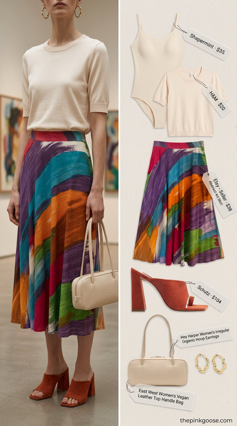 Artistic outfit with multi-color print midi skirt, cream bodysuit, and suede mules. What to wear with bodysuit summer 2026.