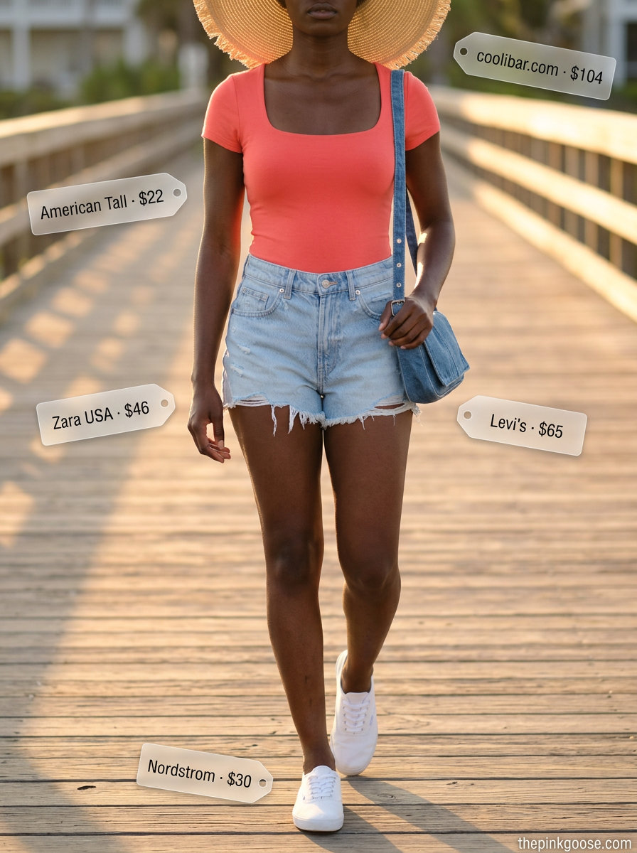 What to Wear with Bodysuit Summer 2026: Coral bodysuit, denim shorts, sneakers for beach day casual.