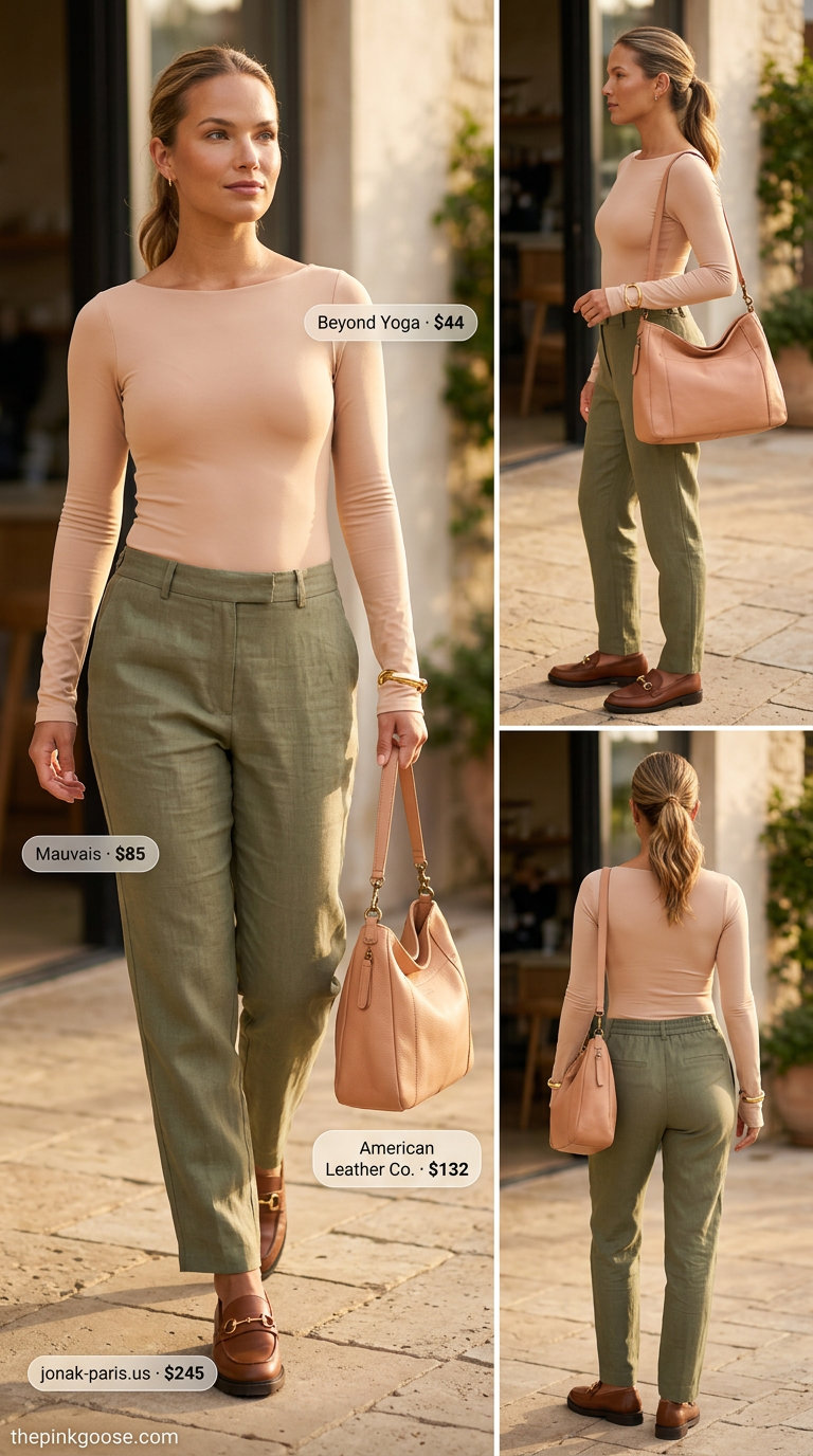 Sophisticated brunch outfit with cream bodysuit, olive green linen pants, and leather loafers. What to wear with bodysuit summer 2026.