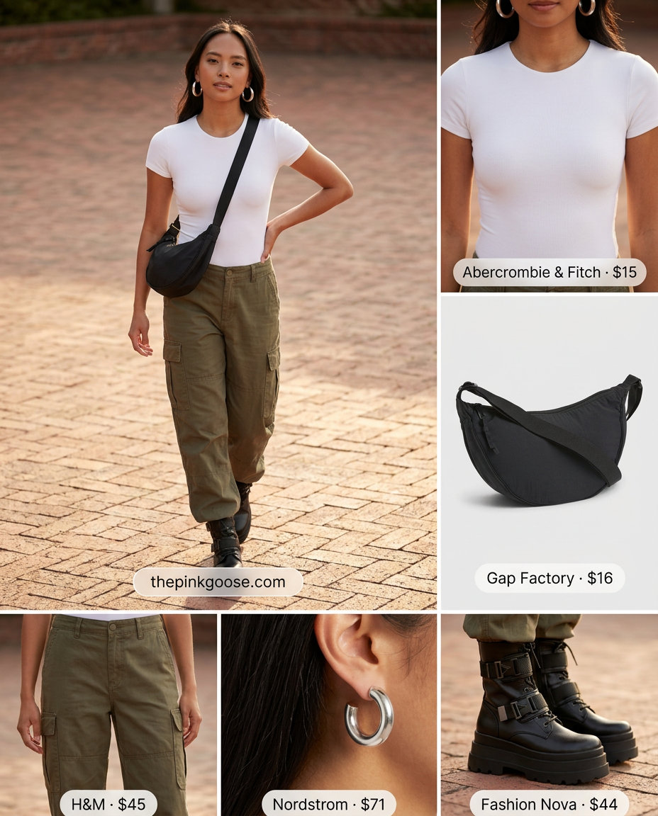Casual cool outfit with white bodysuit, khaki cargo pants, and combat boots. What to wear with bodysuit summer 2026.