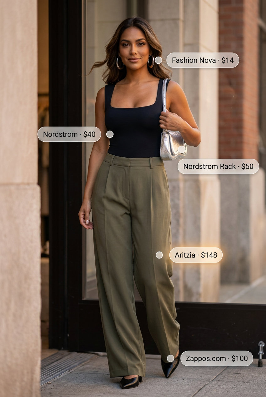 What to Wear with Bodysuit Summer 2026: Olive green wide-leg trousers, black square neck bodysuit, and silver accessories.