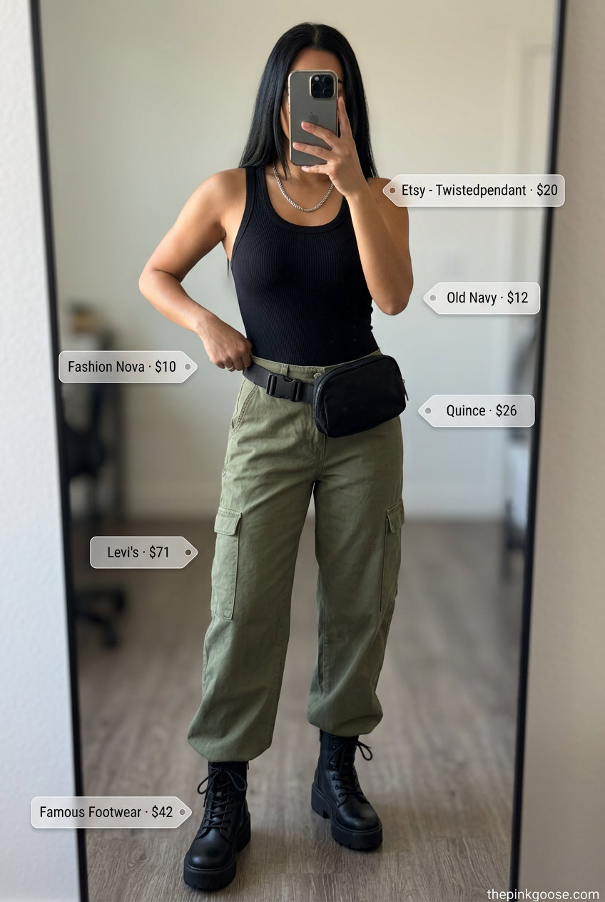What to Wear with Bodysuit Summer 2026: Olive cargo pants, black bodysuit, combat boots for edgy urban style.