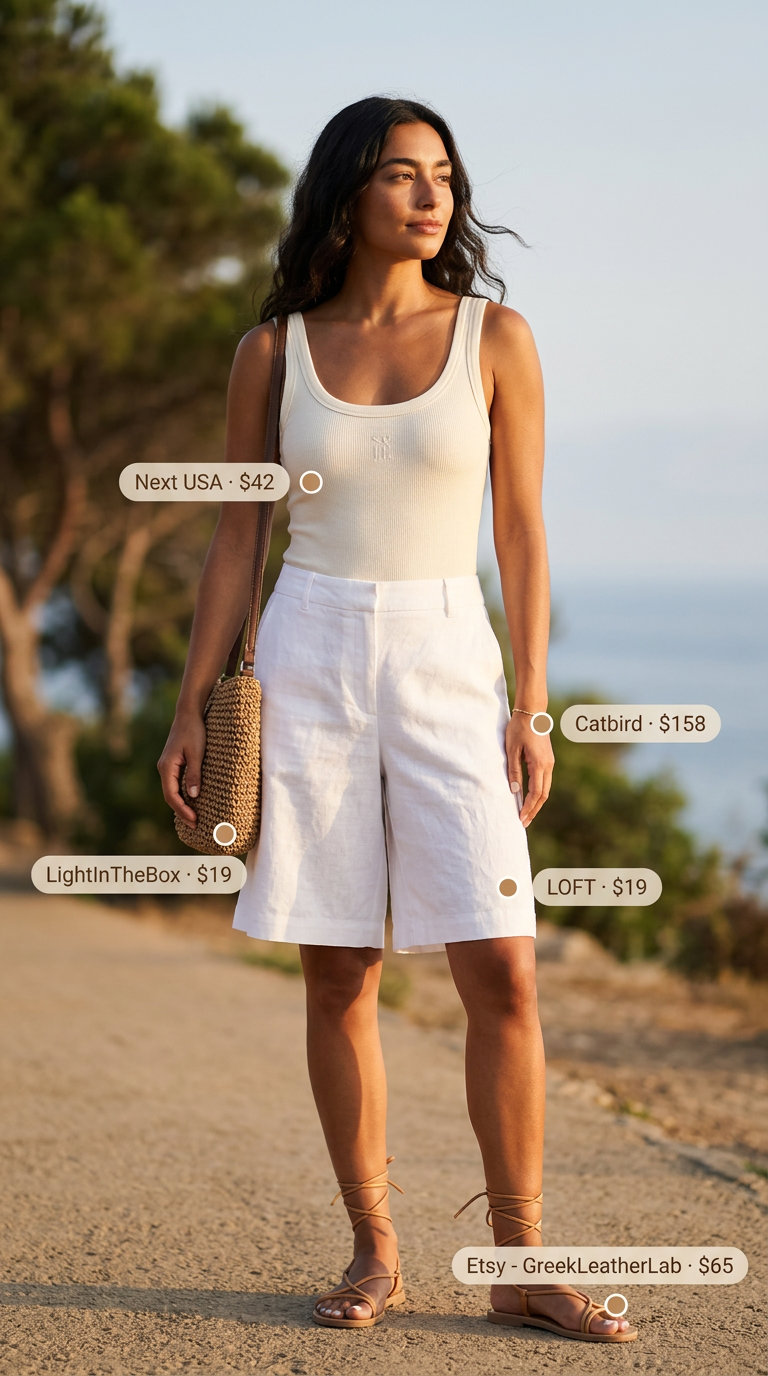 Coastal breezy outfit with cream bodysuit, white linen shorts, and straw crossbody. What to wear with bodysuit summer 2026.