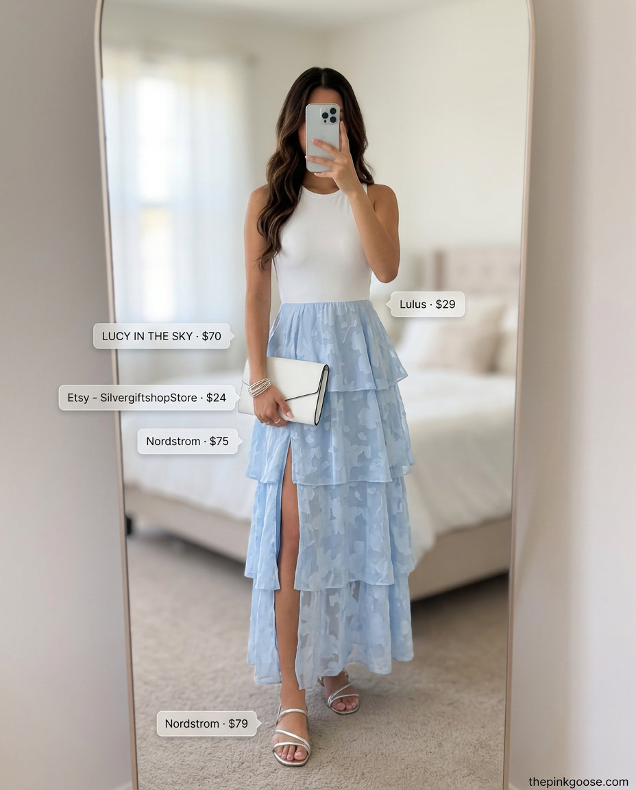 What to Wear with Bodysuit Summer 2026: Sky blue floral maxi dress, silver bangles, and flat sandals for a coastal vibe.